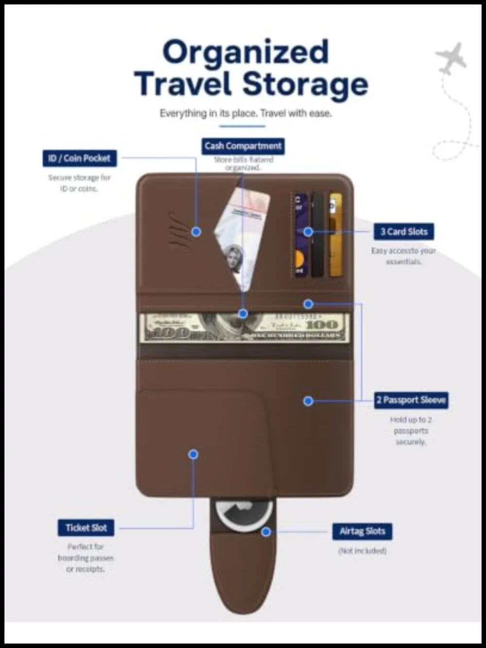 Genuine Leather Passport Holder with AirTag Slot, RFID Blocking Travel Wallet
